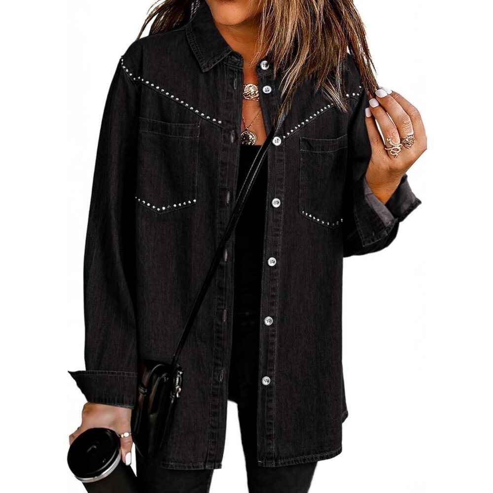 Women's Denim Shirt Long Sleeves Button Down V Neck Denim Jacket Black